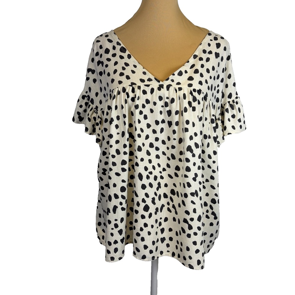 Woman's‎ Babydoll Blouse Size 2X Cream Gray Linen Blend Boxy Flowy Oversized